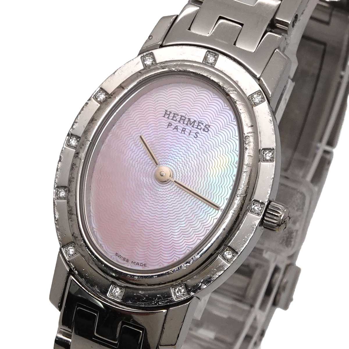 Hermes Clipper Nacre Oval Vintage Watch Diamond Bezel Quartz — view 6