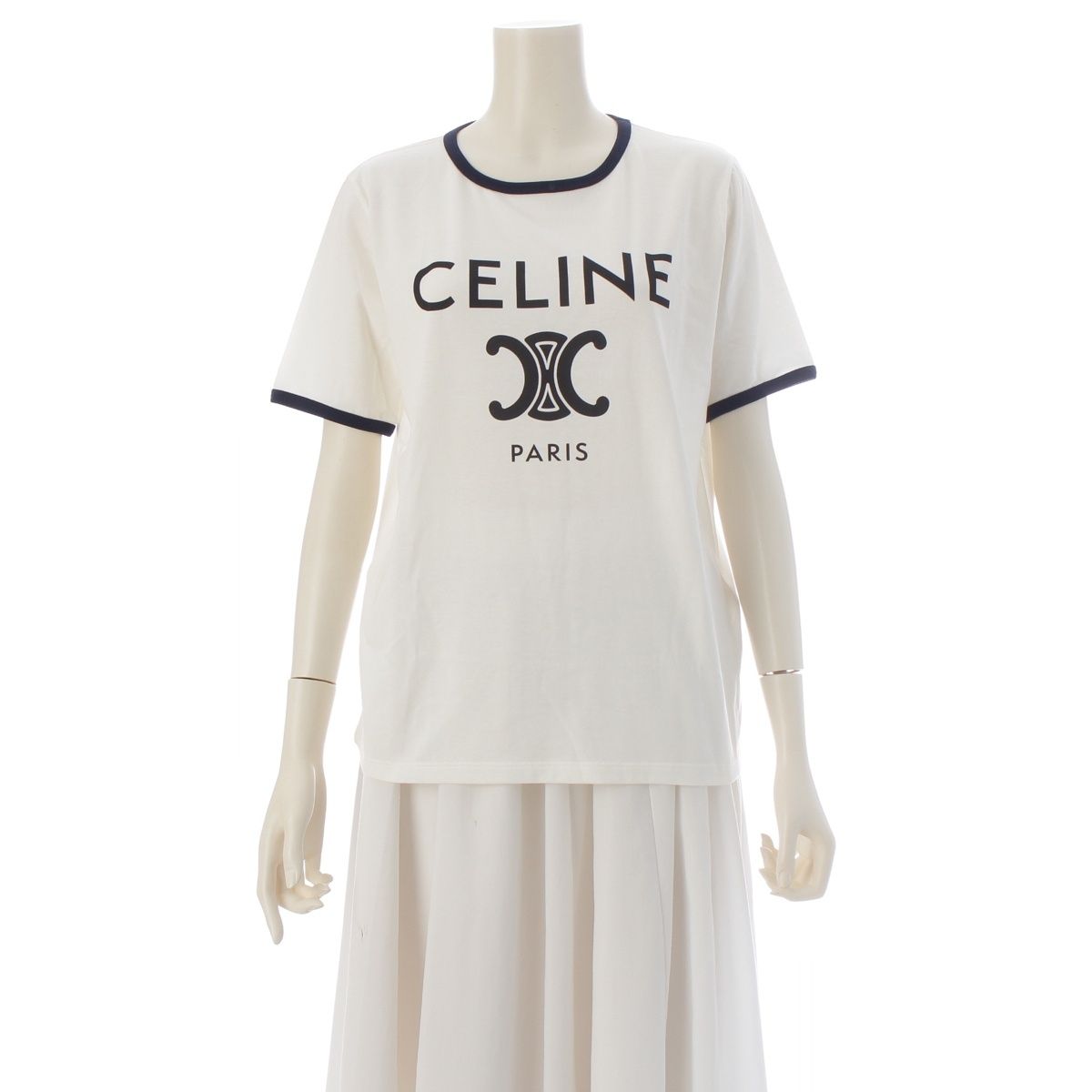 Celine Cotton Logo Triomphe Print Classic Short Sleeve T-Shirt Top White Dark