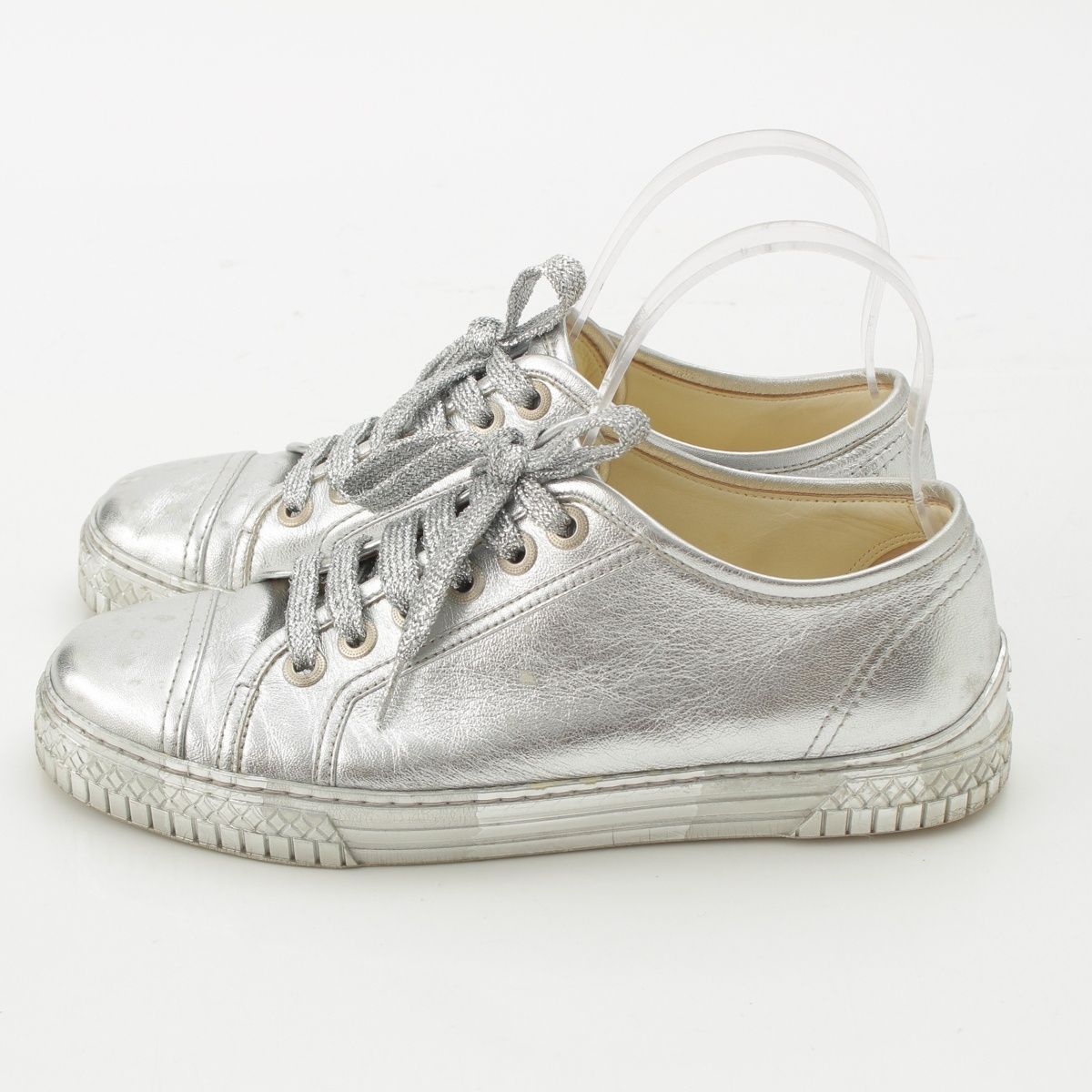 Chanel Leather Low-Top Sneakers Silver — view 3
