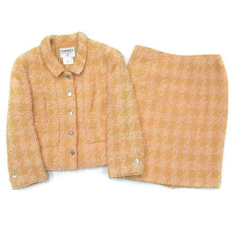 Chanel Vintage CC Logo Silver Button Tweed Skirt Suit Jacket Top and Bottom Set