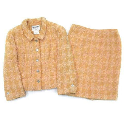 Chanel Vintage CC Logo Silver Button Tweed Skirt Suit Jacket Top and Bottom Set