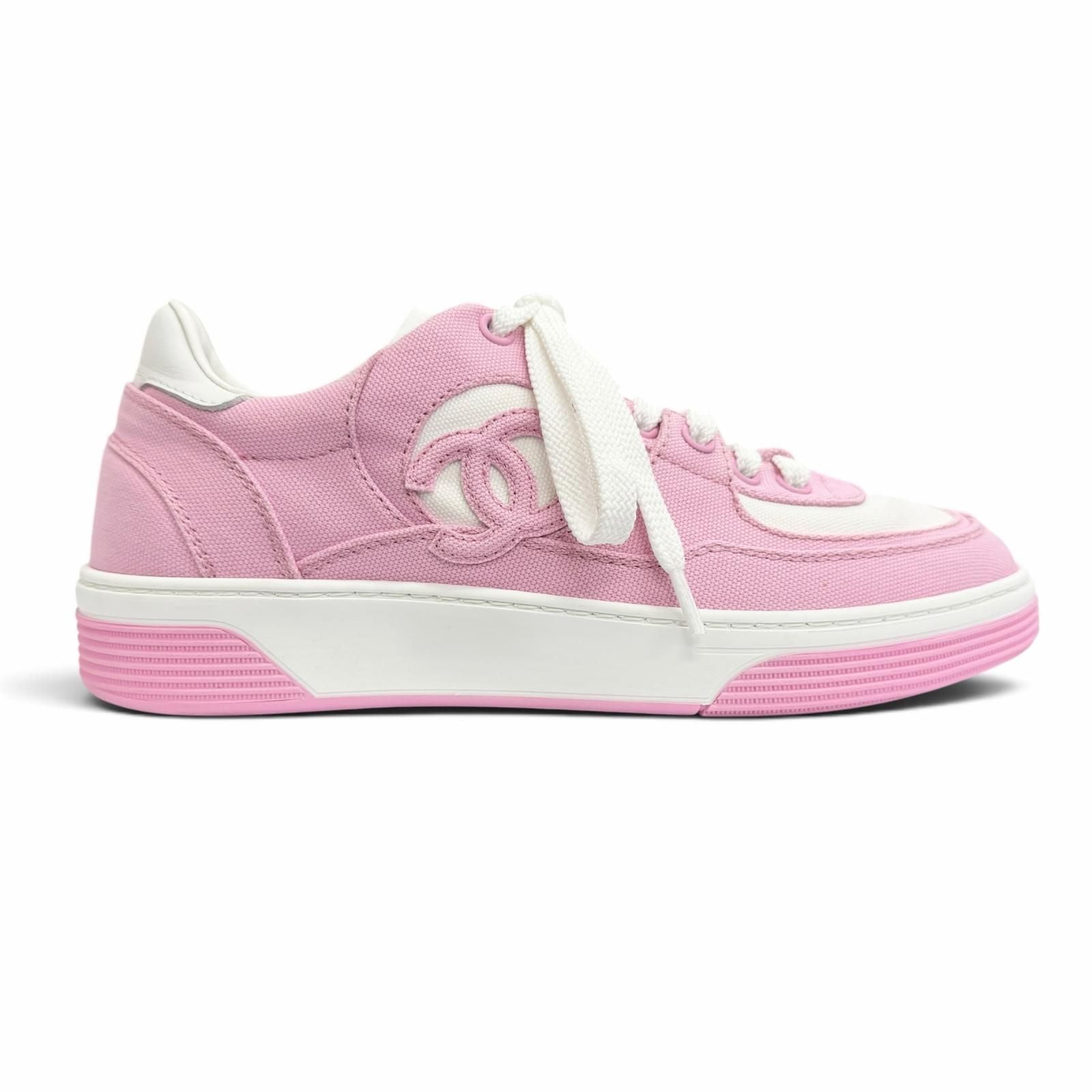 Chanel Canvas Leather CC Logo Bicolor Sneakers Pink White — view 6
