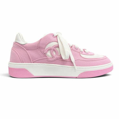 Chanel Canvas Leather CC Logo Bicolor Sneakers Pink White — view 6