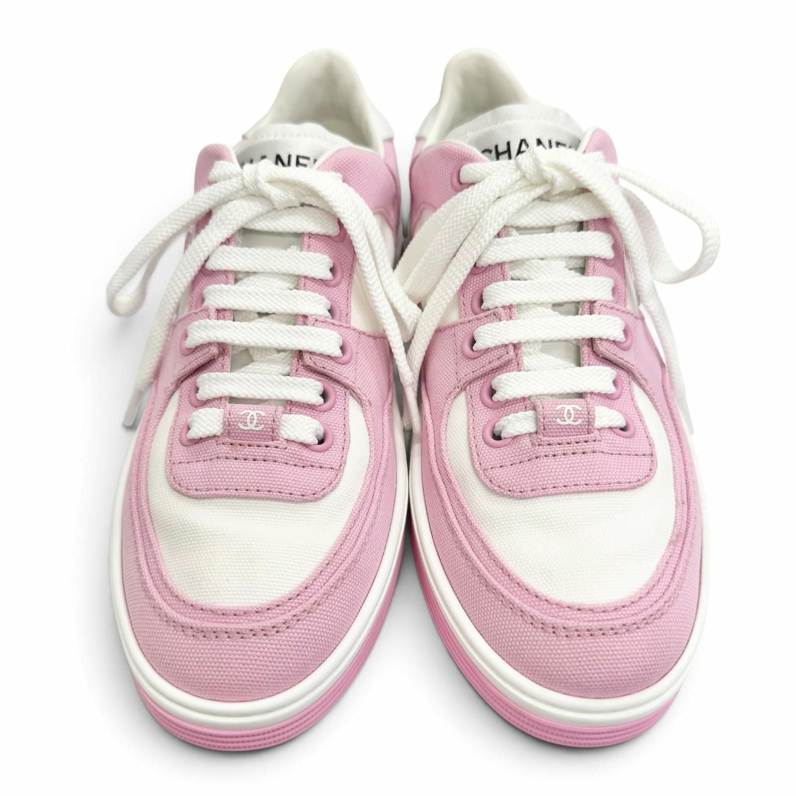 Chanel Canvas Leather CC Logo Bicolor Sneakers Pink White — view 2