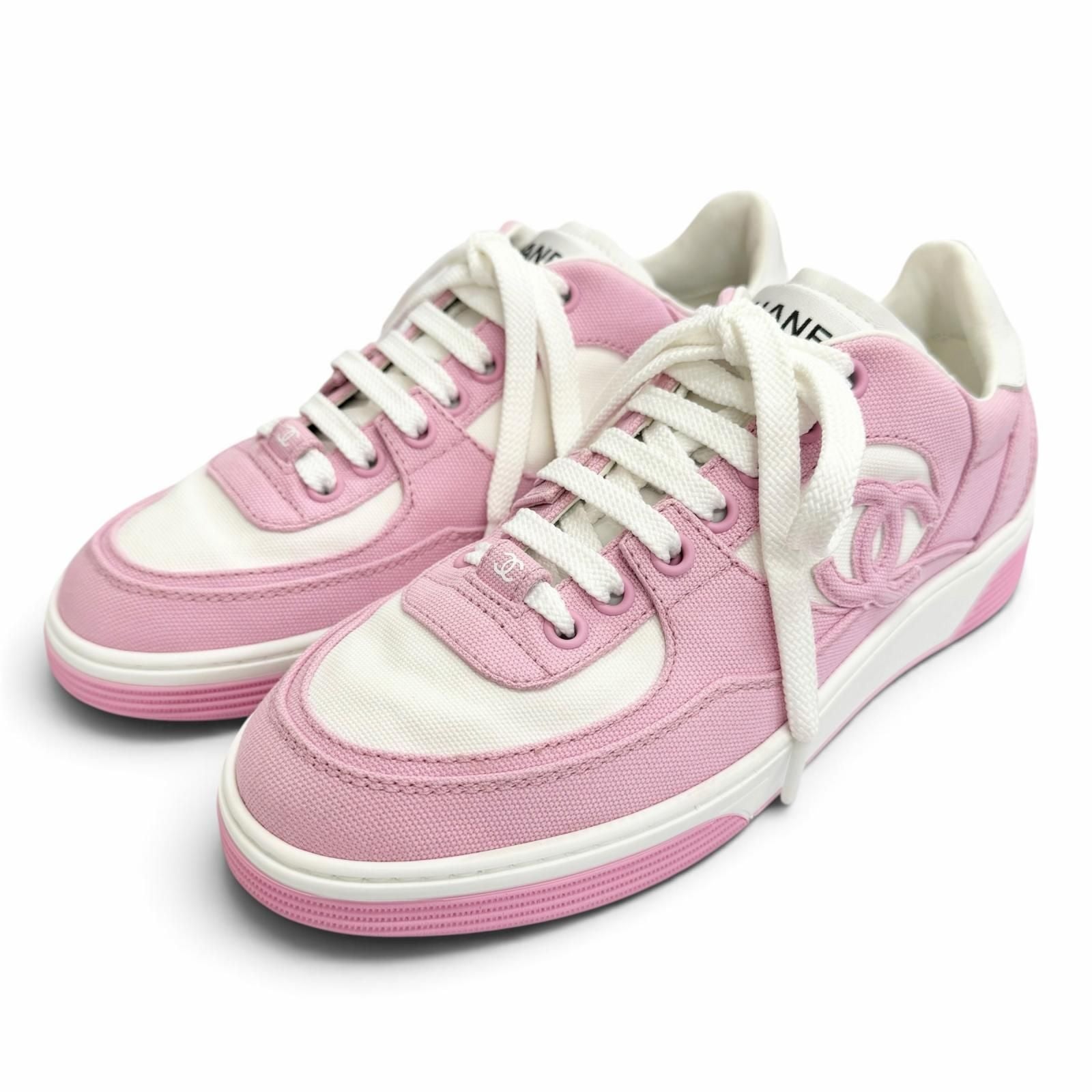Chanel Canvas Leather CC Logo Bicolor Sneakers Pink White