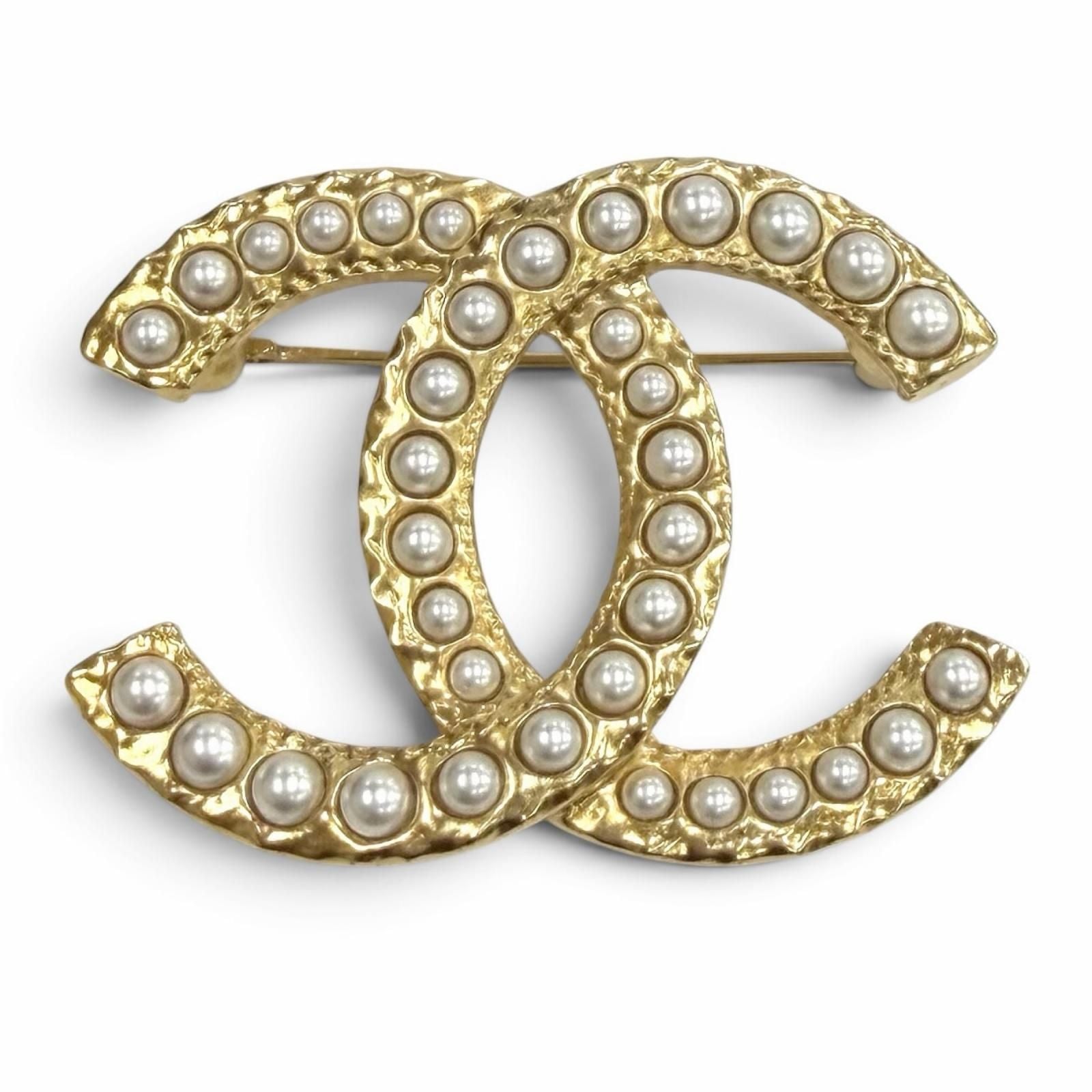 Chanel CC Logo Faux Pearl Brooch Gold White