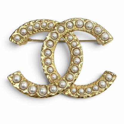 Chanel CC Logo Faux Pearl Brooch Gold White