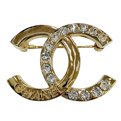 Chanel Metal CC Logo Rhinestone Brooch Gold