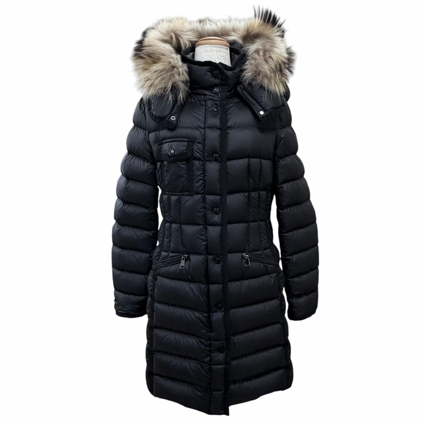 Moncler Hermifur Elmifur Logo Patch Fur Hooded Down Coat Black