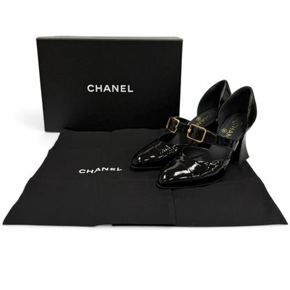 Chanel CC Logo Belt Design Pointed Toe Patent Leather Pumps Black Heel — view 2