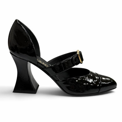 Chanel CC Logo Belt Design Pointed Toe Patent Leather Pumps Black Heel — view 7