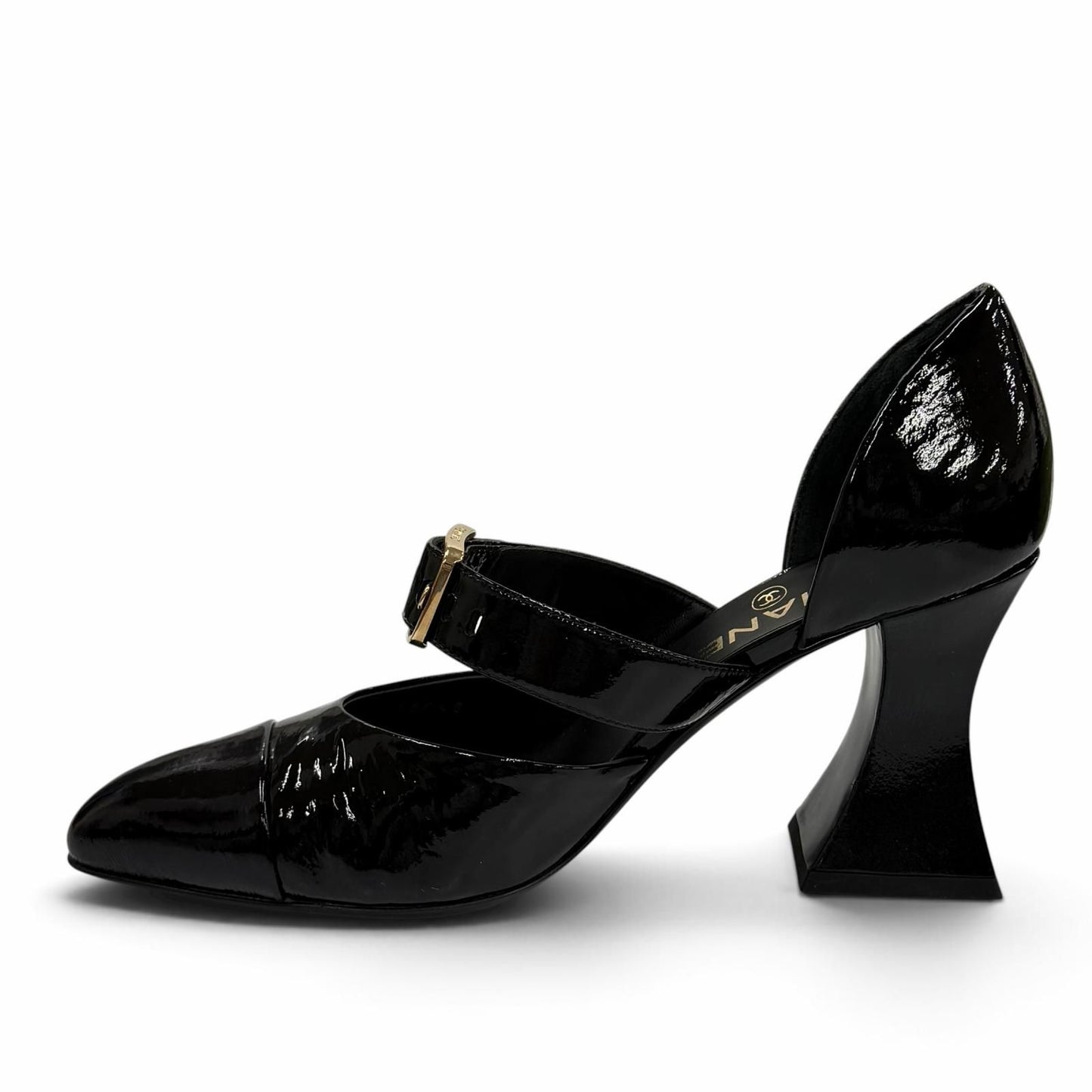 Chanel CC Logo Belt Design Pointed Toe Patent Leather Pumps Black Heel — view 6