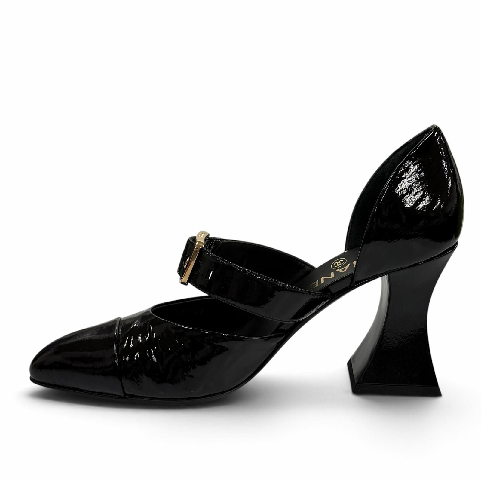Chanel CC Logo Belt Design Pointed Toe Patent Leather Pumps Black Heel — view 6