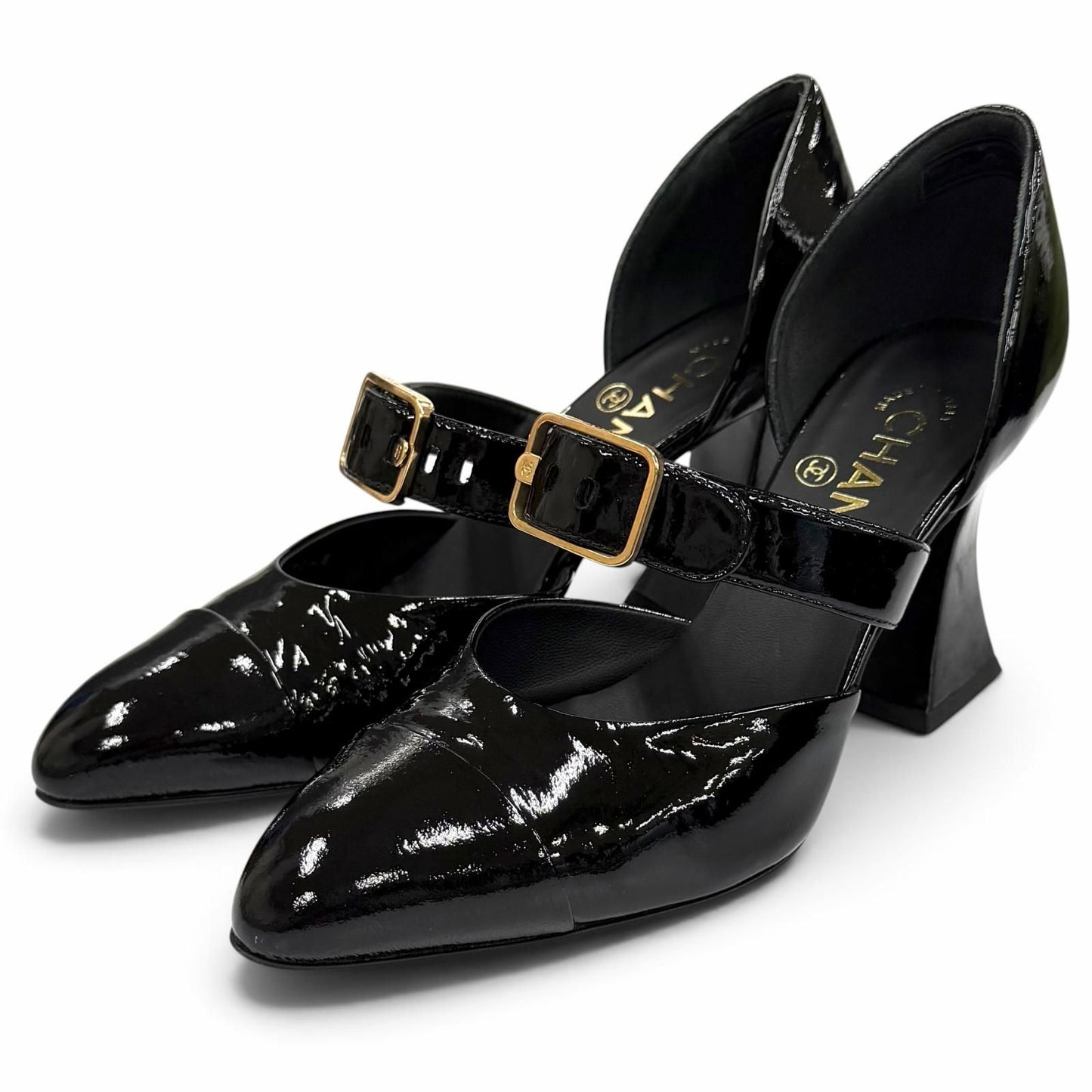 Chanel CC Logo Belt Design Pointed Toe Patent Leather Pumps Black Heel