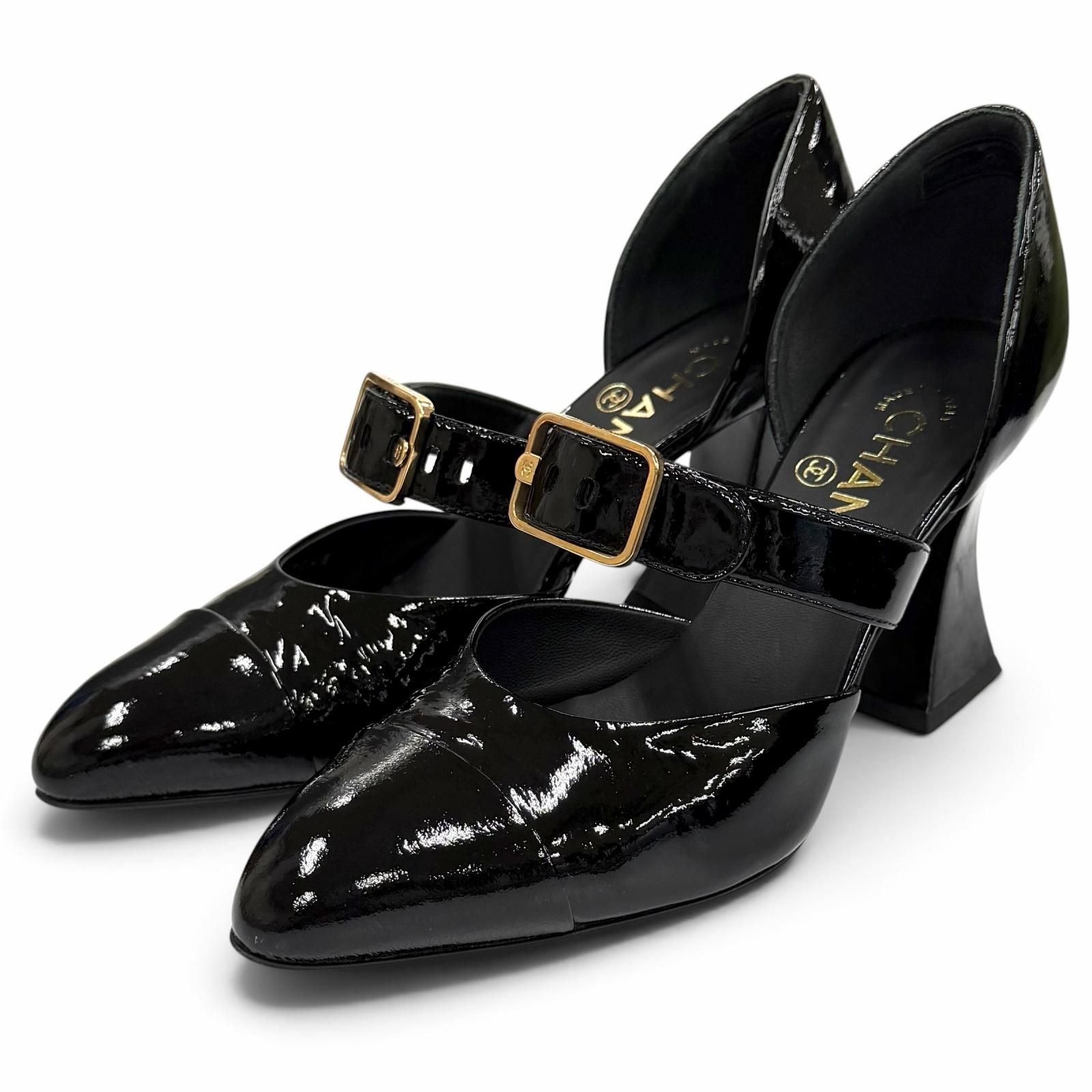 Chanel CC Logo Belt Design Pointed Toe Patent Leather Pumps Black Heel