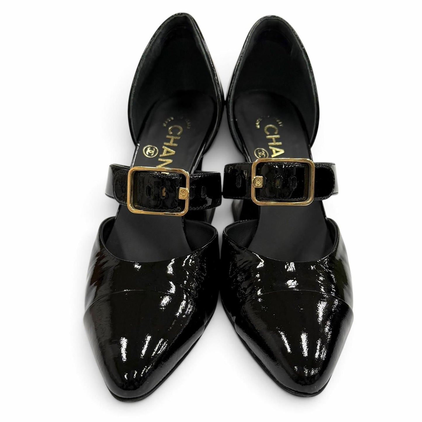 Chanel CC Logo Belt Design Pointed Toe Patent Leather Pumps Black Heel — view 3