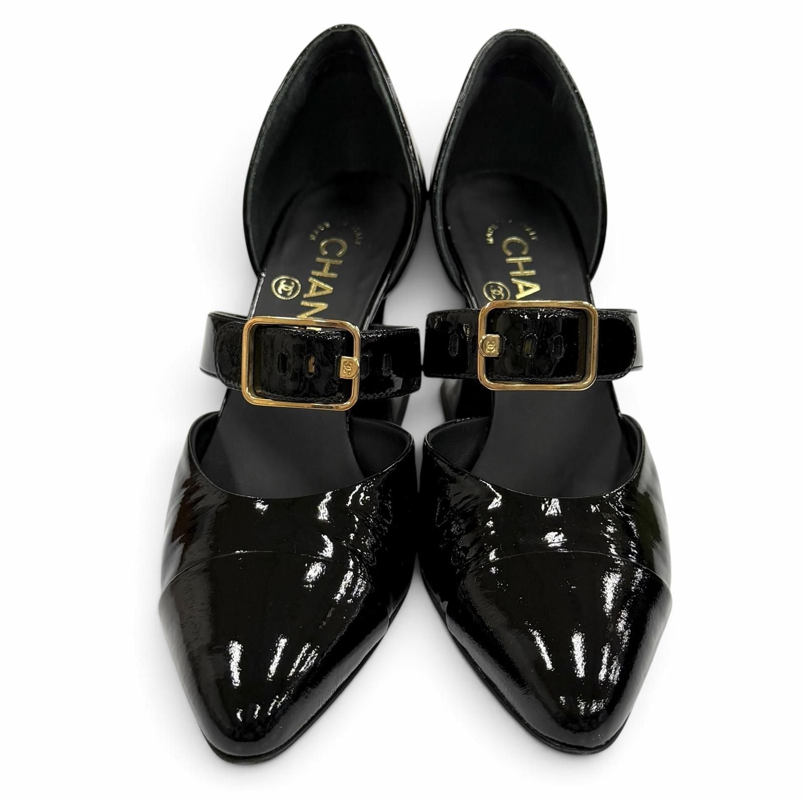Chanel CC Logo Belt Design Pointed Toe Patent Leather Pumps Black Heel — view 3