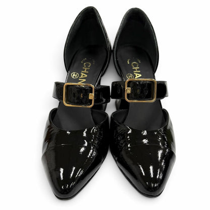 Chanel CC Logo Belt Design Pointed Toe Patent Leather Pumps Black Heel — view 3