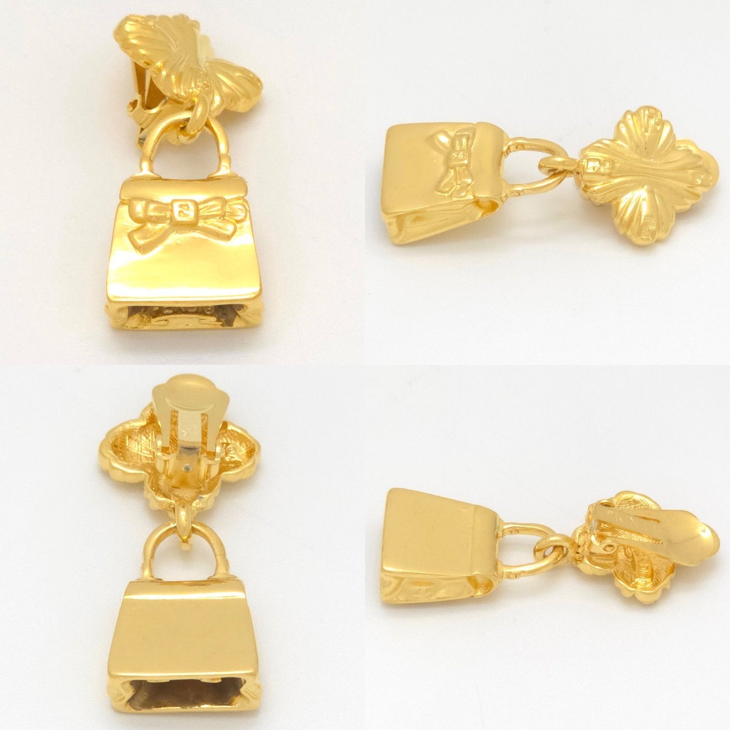 Fendi Bag Pumps Motif Earrings Asymmetric Gold Polished Metal Clip on Vintage — view 5