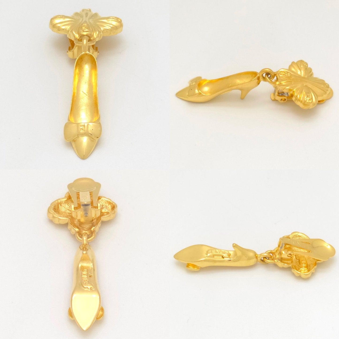Fendi Bag Pumps Motif Earrings Asymmetric Gold Polished Metal Clip on Vintage — view 4