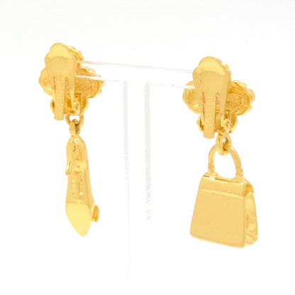 Fendi Bag Pumps Motif Earrings Asymmetric Gold Polished Metal Clip on Vintage