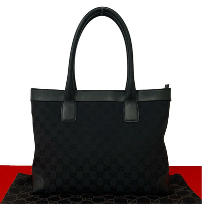Gucci GG Logo Pattern Canvas Leather Tote Shoulder Bag Black