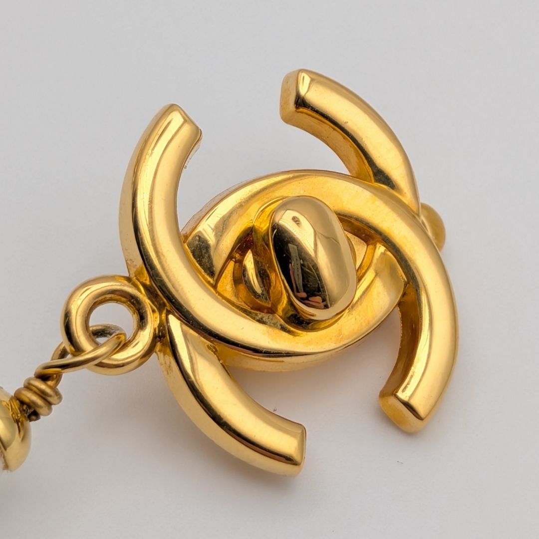 Chanel 95P Earrings CC Logo Turnlock Gold Faux Pearl Drop Swing Vintage — view 2