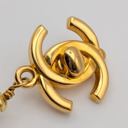 Chanel 95P Earrings CC Logo Turnlock Gold Faux Pearl Drop Swing Vintage — view 2