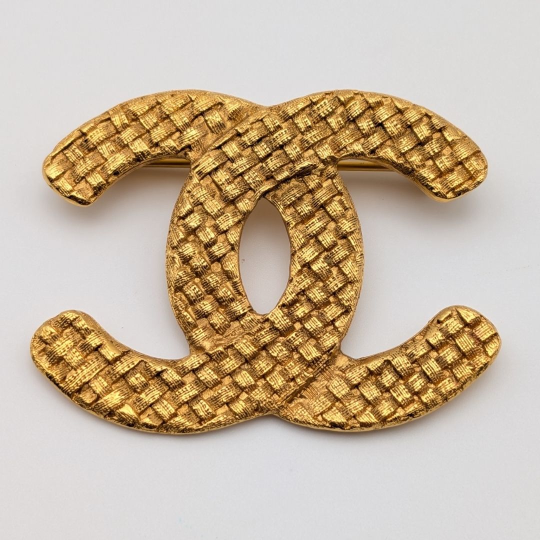 Chanel Brooch CC Logo Mesh Braided Pattern Gold 29 Vintage
