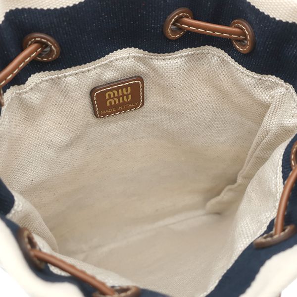 Miu Miu Handbag Drawstring Pouch Canvas Leather Navy Natural Gold Striped — view 6