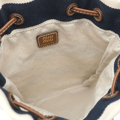 Miu Miu Handbag Drawstring Pouch Canvas Leather Navy Natural Gold Striped — view 6