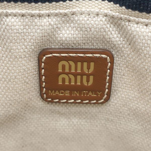 Miu Miu Handbag Drawstring Pouch Canvas Leather Navy Natural Gold Striped — view 7