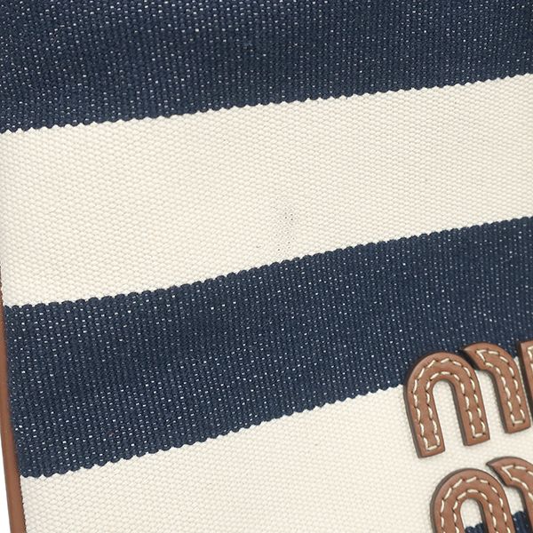 Miu Miu Handbag Drawstring Pouch Canvas Leather Navy Natural Gold Striped — view 5
