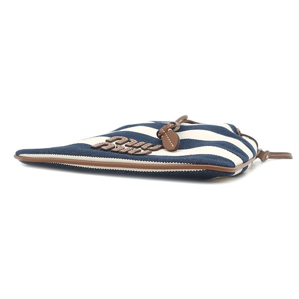 Miu Miu Handbag Drawstring Pouch Canvas Leather Navy Natural Gold Striped — view 3