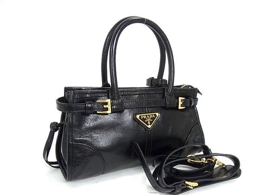 Prada Bonnie Leather 2-Way Handbag Shoulder Crossbody Black Gold