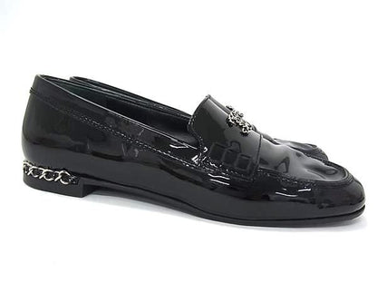 Chanel CC Logo Chain Patent Leather Loafers Shoes Black — view 2