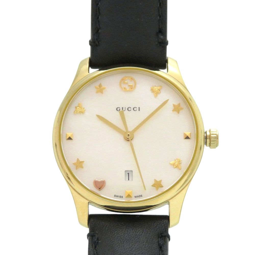 Gucci 126.5 SS Leather White Shell Black Quartz Watch Dial