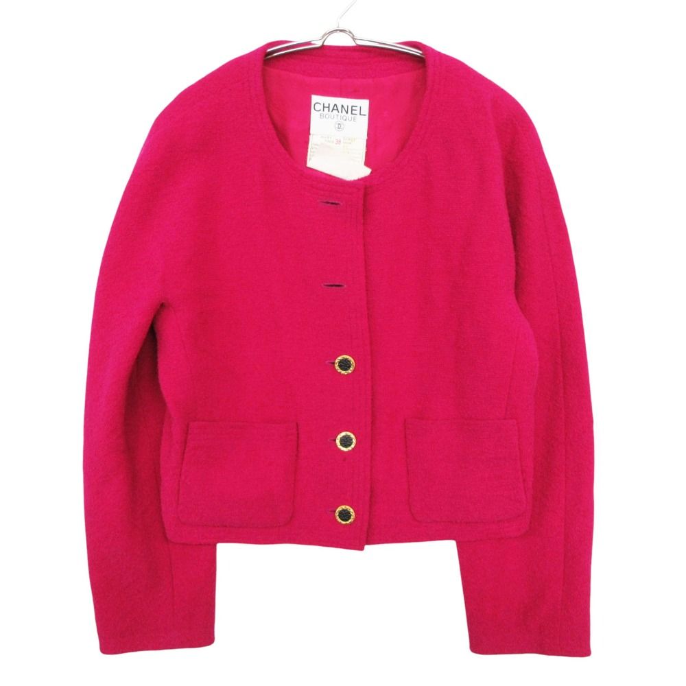 Chanel Collarless Jacket Tweed Gold Button Cropped Front Opening Lined Pink