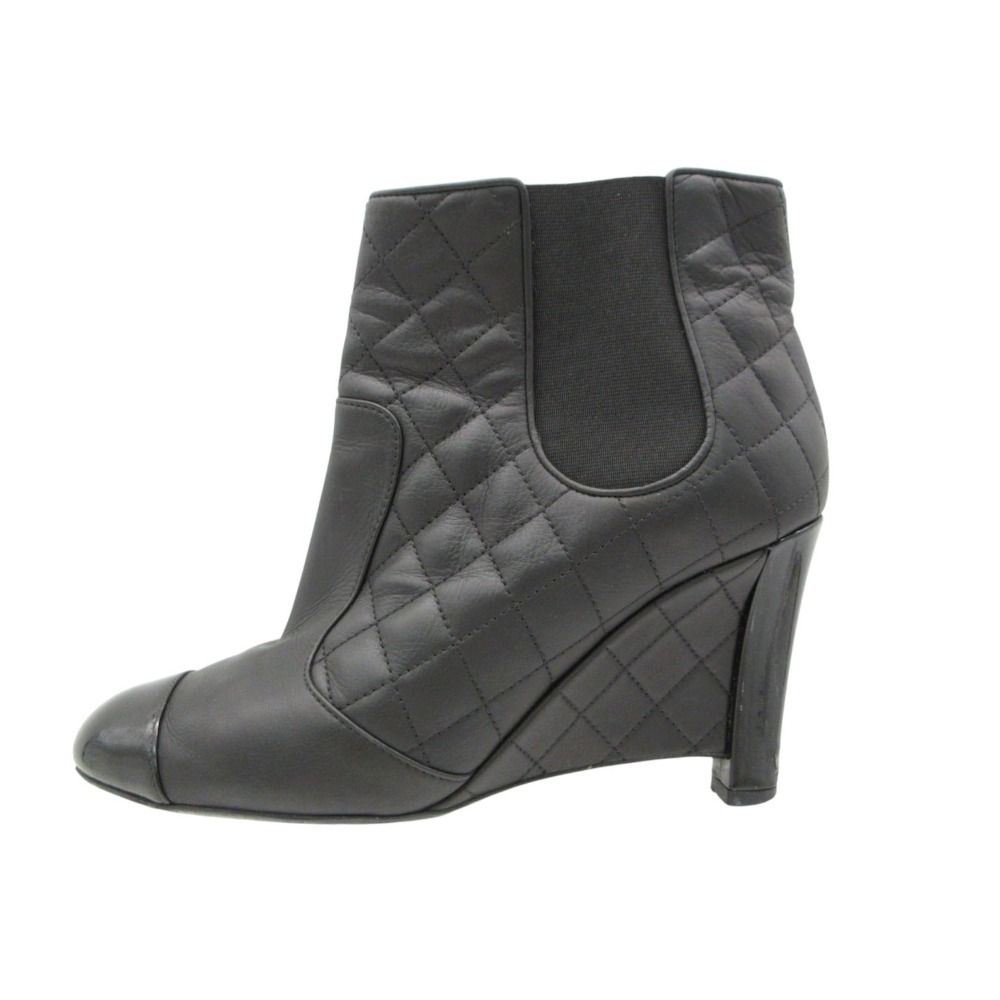 Chanel Boots Booties Short Wedge Sole Quilted Cap Toe Side Gore Leather Shoes