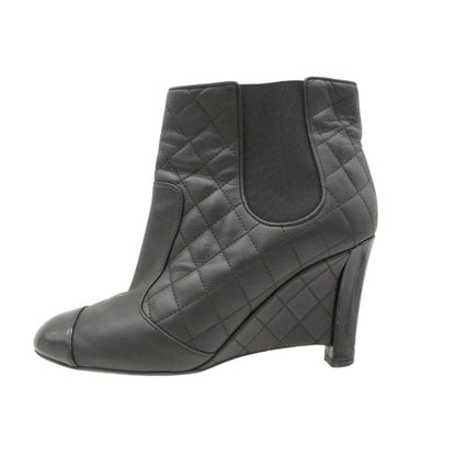 Chanel Boots Booties Short Wedge Sole Quilted Cap Toe Side Gore Leather Shoes