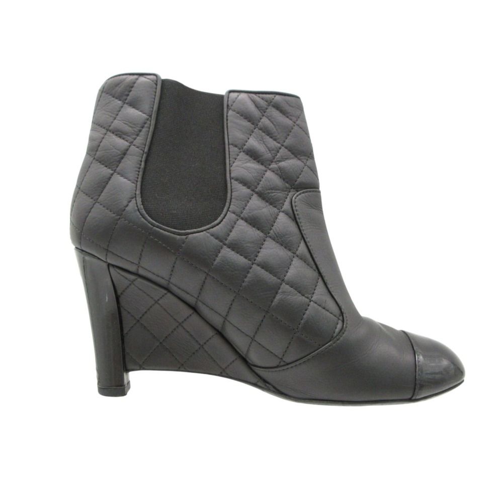 Chanel Boots Booties Short Wedge Sole Quilted Cap Toe Side Gore Leather Shoes — view 2