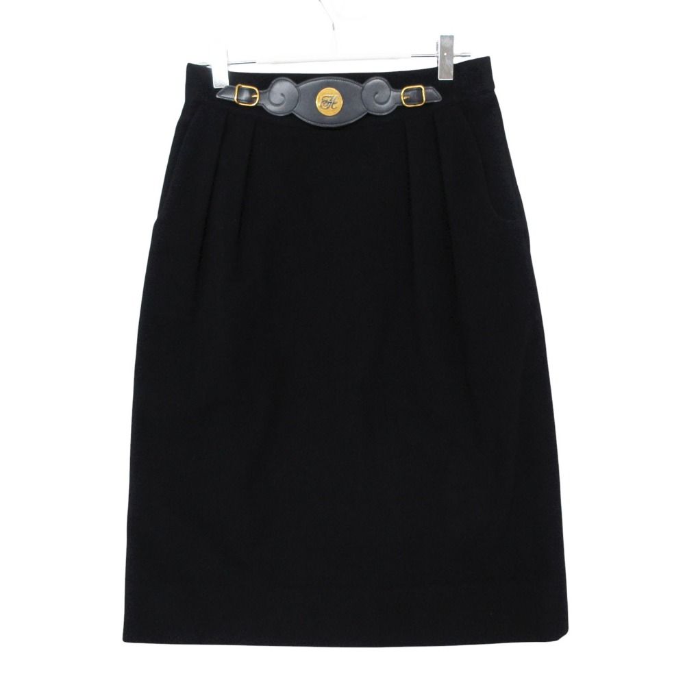 Hermes Skirt Cashmere 100% Fitted Knee-Length Vintage Logo with Belt Navy
