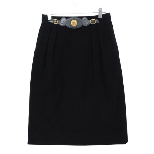 Hermes Skirt Cashmere 100% Fitted Knee-Length Vintage Logo with Belt Navy