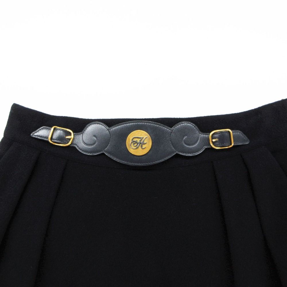 Hermes Skirt Cashmere 100% Fitted Knee-Length Vintage Logo with Belt Navy — view 3