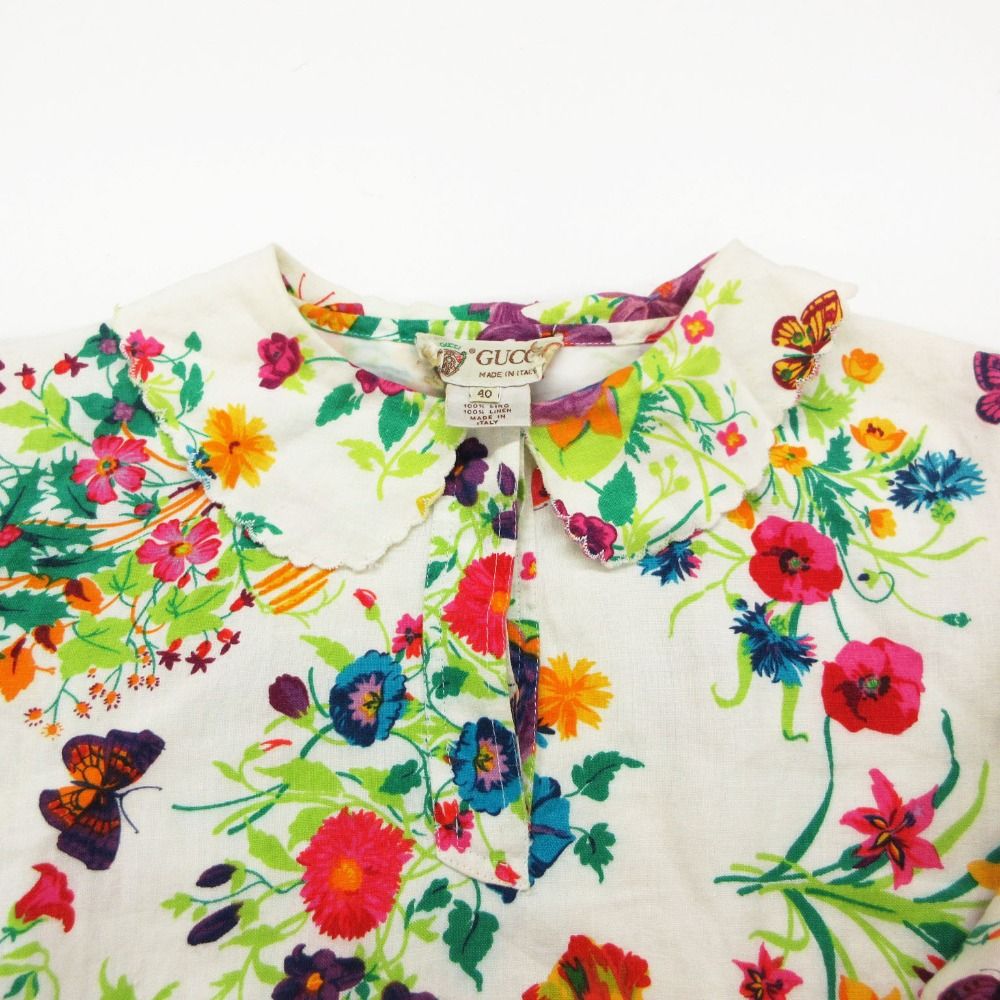 Gucci Dress Vintage Floral Linen Short Sleeve Collared Pattern Flower White — view 2