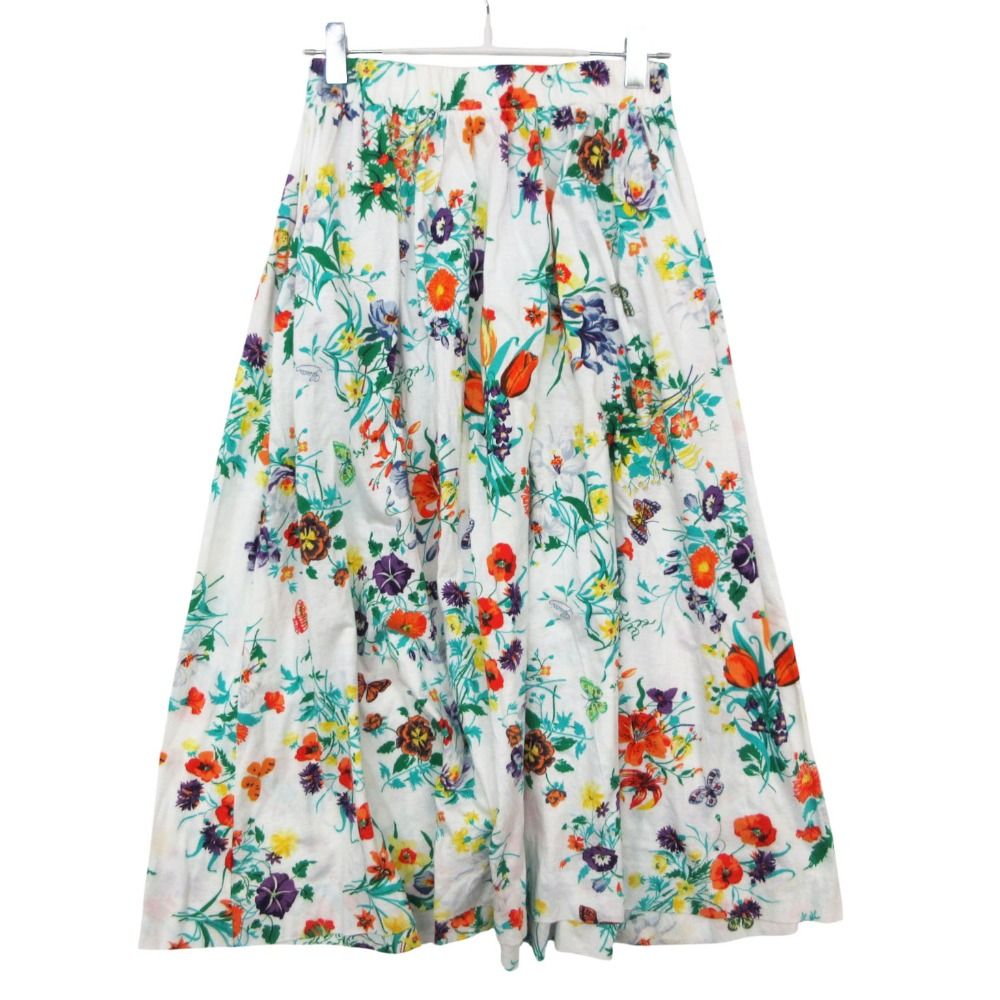 Gucci Skirt Vintage Floral Flare Gathered Calfskin Length Cotton White — view 2