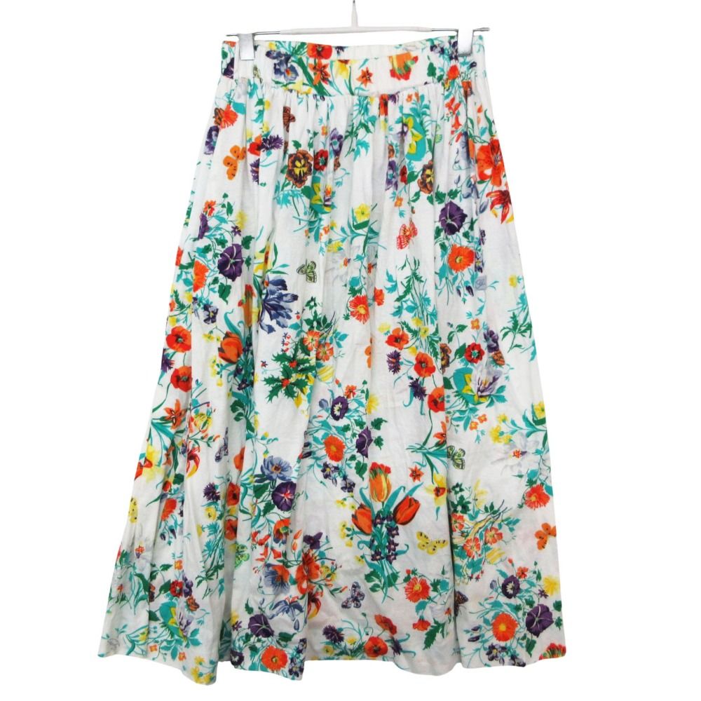 Gucci Skirt Vintage Floral Flare Gathered Calfskin Length Cotton White