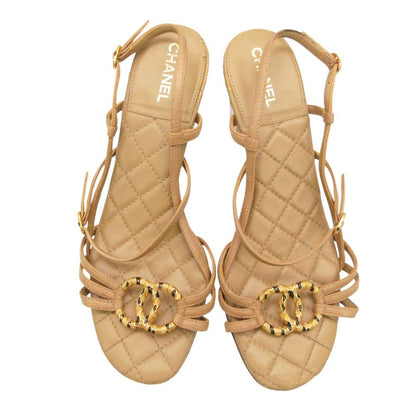 Chanel Sandals Leather Quilted Gold CC Logo Beige — view 2