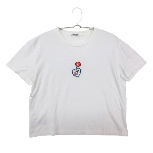 Miu Miu Short Sleeve T-Shirt Cropped Top Logo Embroidery Floral Pattern Rose