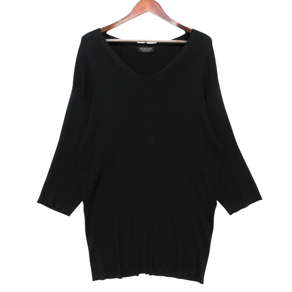 Balenciaga Dress Long Sleeve V-neck Silk Rib Knit Black LL